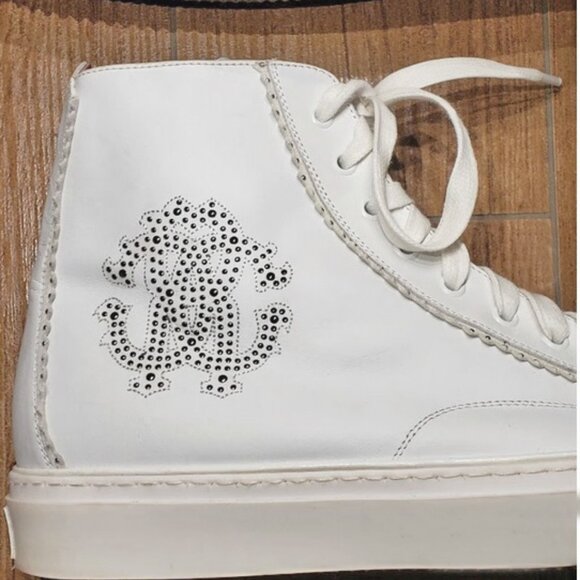 NEW $550 Roberto Cavalli Logo High Top Sneakers!  e 43.5 US 10.5  White Leather - Picture 3 of 4